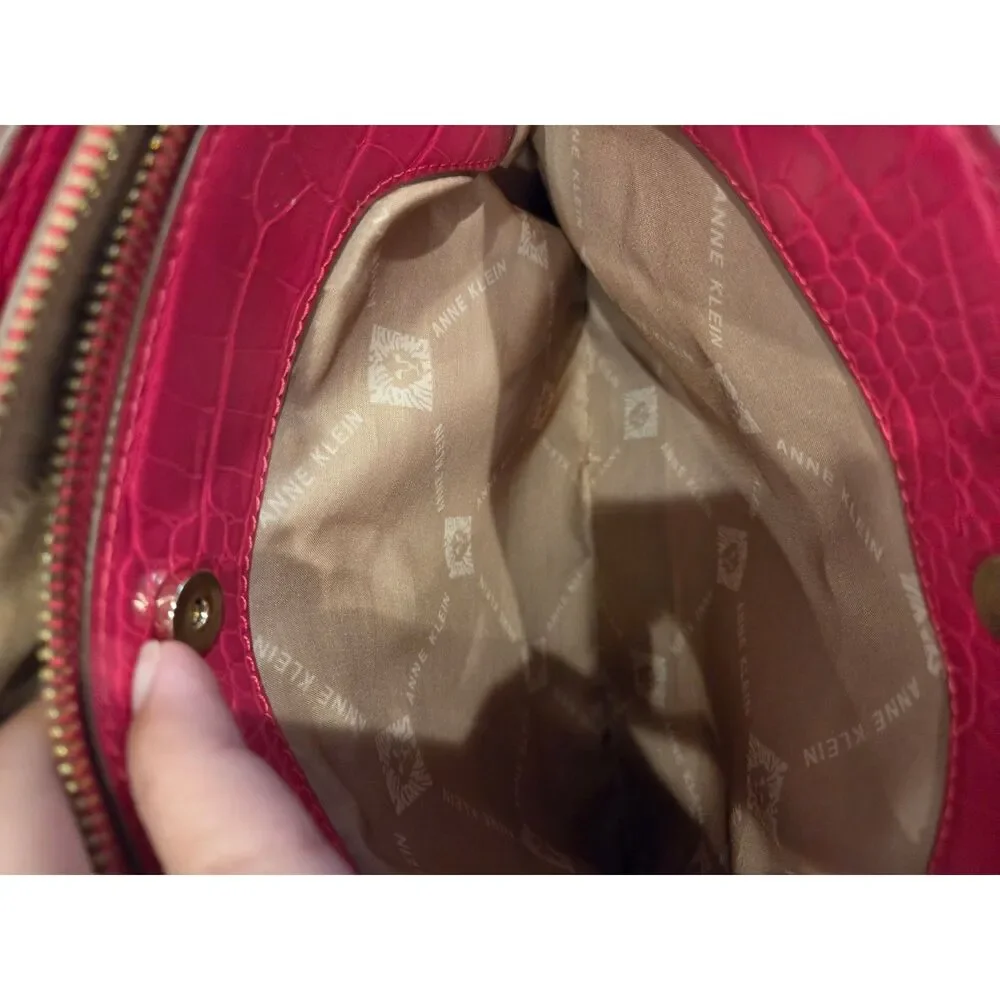 Anne Klein Pink Croc Embossed Dome Satchel Crossbody Purse Bag w Card Holder